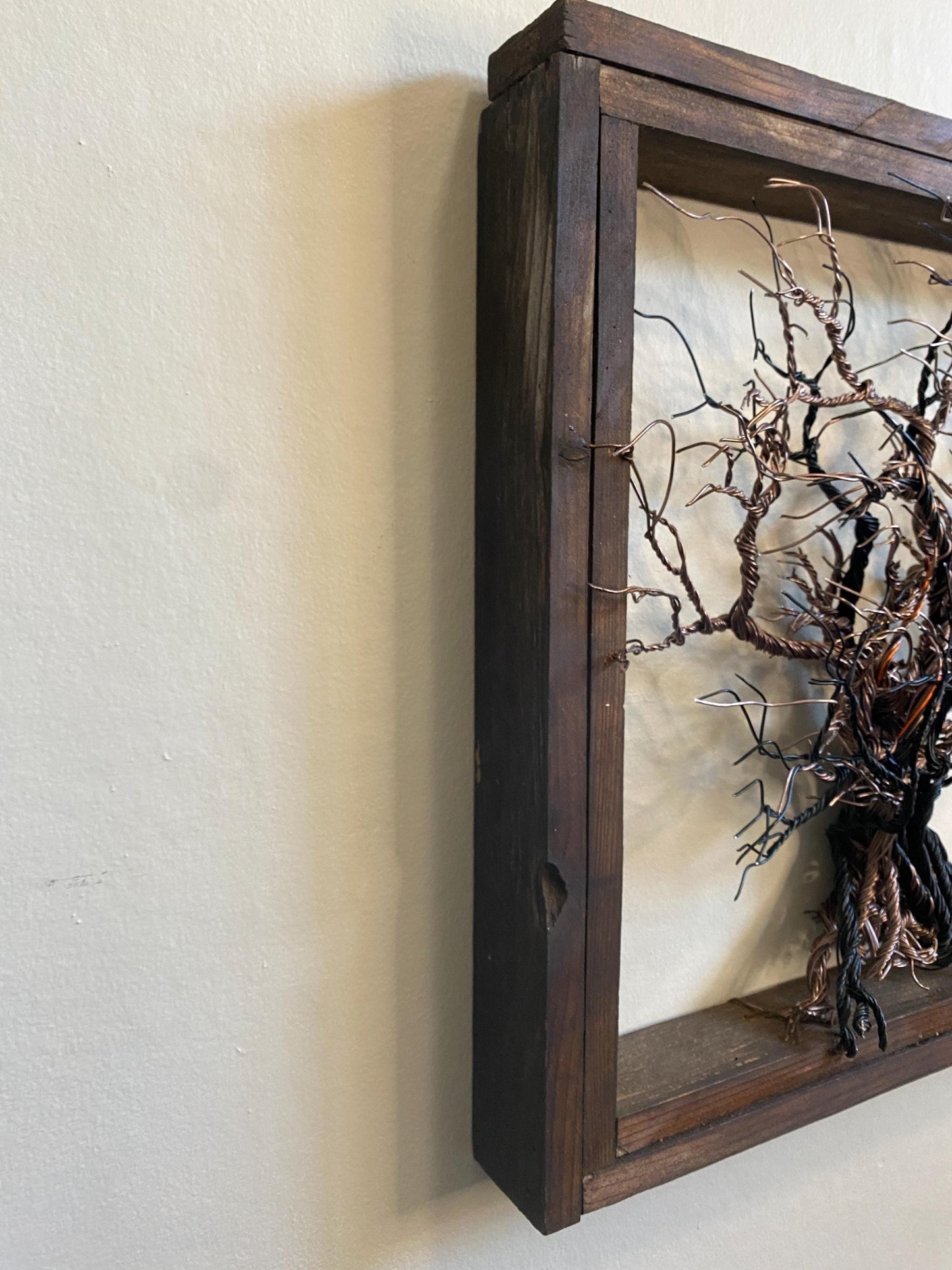 Mixed Wire Wall Tree Art Mounted on an Upcycled Stained Wood Frame - Black / Copper Tones 21.5 in W x 20.5 in FREE SHIPPING