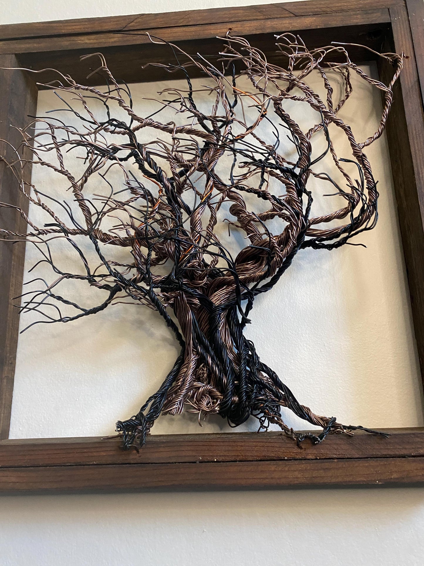 Mixed Wire Wall Tree Art Mounted on an Upcycled Stained Wood Frame - Black / Copper Tones 21.5 in W x 20.5 in FREE SHIPPING