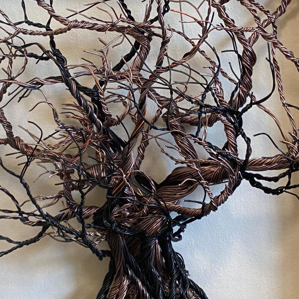 Mixed Wire Wall Tree Art Mounted on an Upcycled Stained Wood Frame - Black / Copper Tones 21.5 in W x 20.5 in FREE SHIPPING